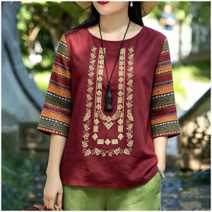 Retro Ethnic Shirt 2026 Gradient Print Long Sleeve TopsTagalog For Women Crew Neck Plus Size Traditional Clothing