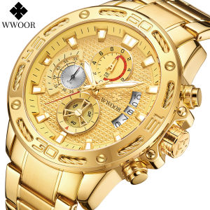 WWOOR Mens Fashion Casual Quartz Watches Top Brand Luxury Stainless Steel Watch Men Waterproof Complete Calendar Luminous hands Chrono Watch