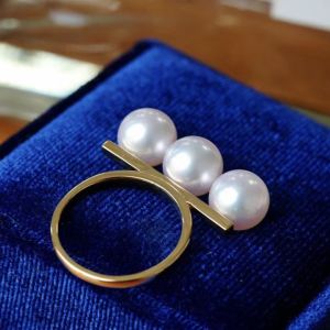 Montagne Jewelry 18K Pure Gold Ring Elegant Design Fine Jewellery Natural 7.5-8mm Flawless Top Grade Akoya Pearl Ring