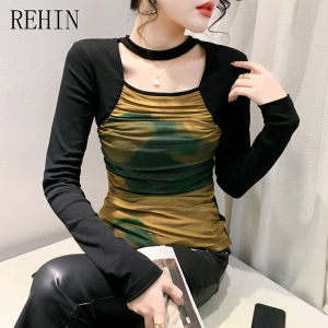 REHIN Spring new round neck long-sleeved T-shirt hollow mesh splicing Slim bottoming tide shirt elegant women blouse