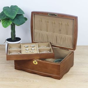 EIJINGY ทำจากไม้ กล่องเครื่องประดับพร้อมล็อค หรูหราสุดหรู วินเทจ กล่องใส่เครื่องประดับ วินเทจ ที่เก็บของแบบแบ่งช่อง กล่องหีบสมบัติ แหวนวงแหวน