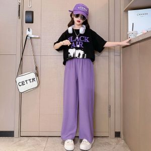 Korean Terno for Kids Summer Terno for Kids  Girls Suit Kids Top+Bottom Sports Set for Kids Black/White 130-160CM