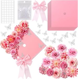 MotiMind 41 Pcs Silver Gray DIY Graduation Cap Decoration Kit Grad Cap Decorations Grad Hat Topper Faux Assorted Flowers Bows 3D Cream Construction Paper Butterfly Stickers Pearl Adhesive Dots