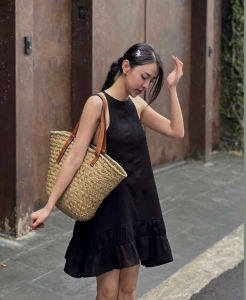Nude/ Trắng/ Đỏ/ Đen Linen có lót Đầm chữ A babydoll cổ yếm cộc tay xẻ lưng viền bèo xoè basic dễ thương năng động CHERRY DRESS