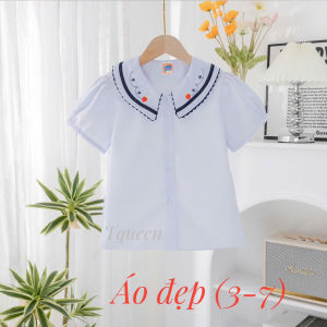 Áo sơ mi trắng cổ sen tay phồng viền họa tiết nữ học sinh đồng phục học sinh bé gái cấp 1 tiểu học