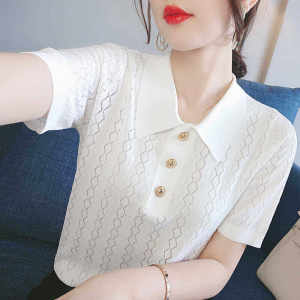 Ice Silk Polo Shirt Women Plus Size 4XL 2022 Summer Thin Hollow Out Button Short Sleeve Tops Korean Style Loose Doll Collar T Shirt Fashion Casual Half Sleeve Knitted Shirt for Women