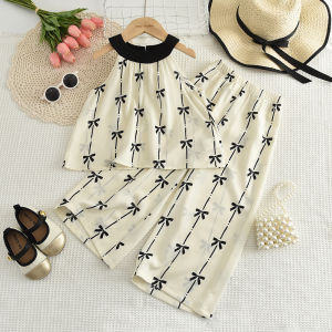 Bear Leader Baby Girl Summer New Clothes Sets Korean Version Bow Printing Sleeveless Hanging Neck Tops T-shirt and Wide Leg Pants 2 Pieces Casual Suits Kids Fashion Clothing