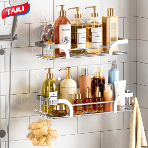 TAILI 2-pack Suction Cup Shower Rack Bathroom Items Storage Box No Drilling Shower Basket Suction Heavy Duty Suitable for Bathroom and Kitchen Storage Rack Black Silver Metal Storage Rack Anti-Rust Bathroom Wall Mounted Shower Basket
