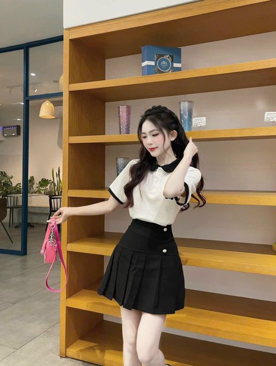 Set chân váy đen dài xẻ phối áo thun tay lỡ | Shopee Việt Nam