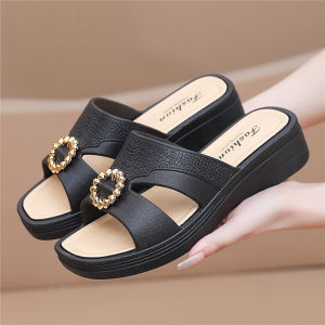 [Free Shipping] New simple wedge heel womens slippers for outdoor and home use hollow-out design thick-soled soft comfortable versatile shoes for mothers