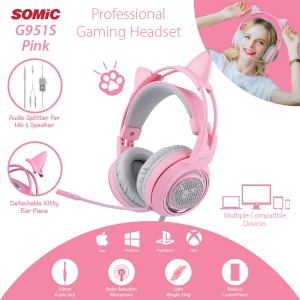 SOMIC G951S Pink Stereo 3.5mm Audio Jack Over Ear Headphone for HIFI music Professional Gaming  Online Class Web meeting