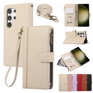 กระเป๋าใส่ของกระเป๋าสตางค์สำหรับ S23 Samsung เคสหนังแบบฝาพับพิเศษพร้อมกระเป๋าเก็บบัตรเคสกระเป๋าใส่เหรียญกันกระแทกสำหรับ Samsung Galaxy S24 Plus S23อัลตร้า S23 FE S22บวก S21อัลตร้า S20 FE Note10บวก Note20เคสใส่การ์ดพิเศษพร้อมสายคล้องในแนวทแยง