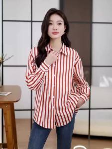 Ammin 2024 phong cách Hàn Quốc Quần áo bảo hộ lao động dài tay dáng rộng dễ phối áo voan phong cách Hàn Quốc mùa thu Quần Áo nữ áo cá tính áo áo nhỏ sọc cổ áo polo