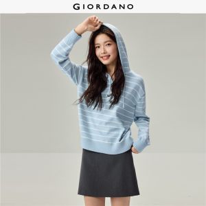 Giordano Beau Monde Women Striped half button hooded sweater Free Shipping 13356650