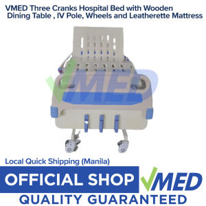 VMED Three Cranks Hospital Bed with Wooden Dining Table IV Pole Wheels and Leatherette Mattress