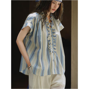 2026 Summer New Women Retro Colorful Striped Drop Shoulder Shirt With Ruffle Hem Loose Oversize Casual Blouse Top