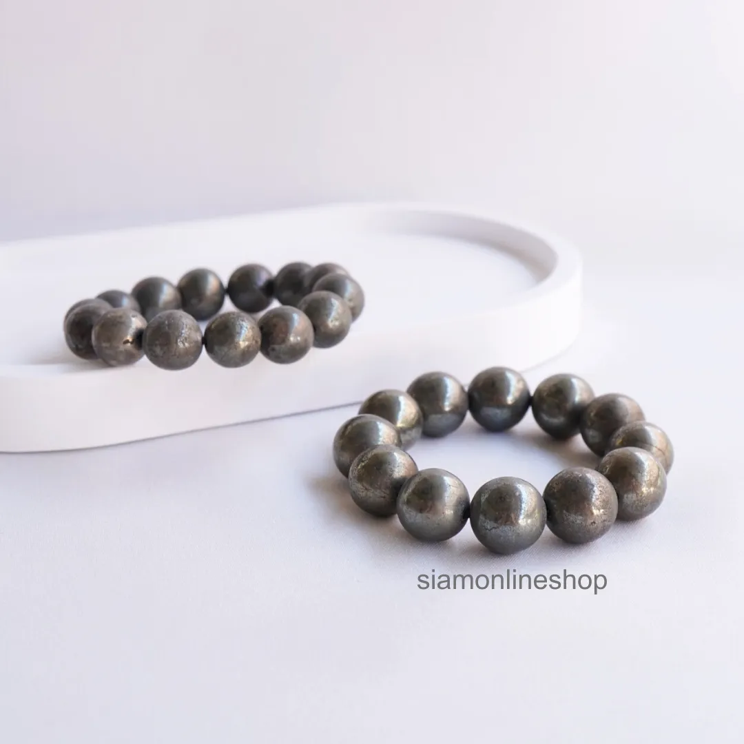 PYRITE ไพไรต์ เพชรหน้าทั่ง เลือกขนาดเม็ดหินได้ (4-14 มม) หินแห่งการดูดทรัพย์ ดูดเงิน สร้อยข้อมือหินแท้