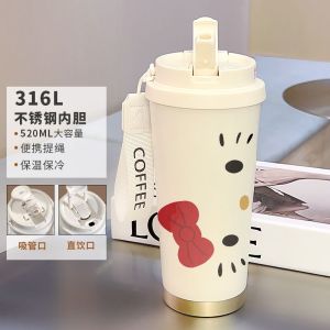 Christmas Gift Halloween Sanrios Sus316 520Ml Student Double Drink Straw Thermal Cup Kawaii Hello Kitty Cartoon Sports Office Vehicle Mounted Coffee Cup