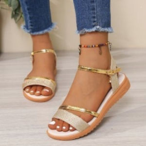 [Free Shipping] New Sequin Fish-Mouth Roman Sandals Fashionable Rhinestone Low-Heel Sandals 2026 Summer New Collection WomenS Wedge Sandals