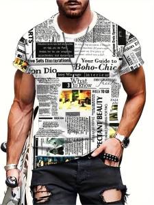 3d Digital T Abstract newspaper print short-sleeve summer mens round-neck shirt available for direct purchase