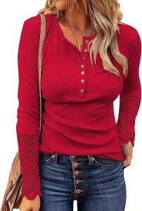 Kancystore  Womens Long Sleeve Top Lace  V  Button-Down Collar Henry Shirt