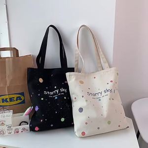 [ShopFascinant] Canvas shoulder bag Tote bag for women girls students Starry Sky Stars  Young Girl Stars Little Stars Cute Student Shoulder Bag Tote Bag Canvas Bag Shopping Bag  Beg bahu kanvas Tote bag dengan zip untuk pelajar