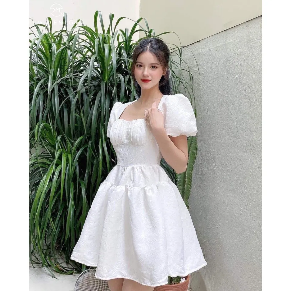 Váy-Đầm trắng nữ thắt nơ dây tay bồng, Váy-Đầm trắng dáng xoè ngắn cổ vuông  đi tiệc đi chơi, đi biển | Shopee Việt Nam