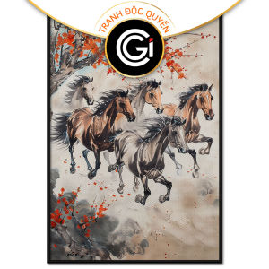 Tranh phong thủy phong cảnh mùa xuân thủy mặc mã đáo thành công 5 con ngựa tranh treo tường dán tường.CGI-673