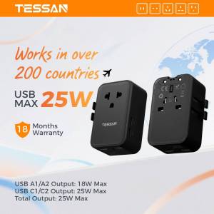 TESSAN PD Universal Travel Adapter USB Type C 25W Fast Charge Portable Adapter Travel for Japan Taiwan Koran Singapore Compatible with Over 200 Countries