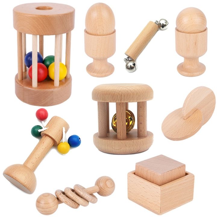 【YF】 Montessori Wooden Rattle Children Toys Beech Wood Egg Ball Sensory