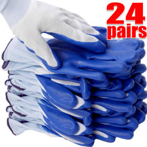 24Pairs Heavy Duty Rubber Gloves Protective Safety Gloves Wear-resistant Anti-slip Nitrile Work Gloves Construction Gloves for Hand Polyester Nitrile Grip HeavyDuty Rubberized Gloves