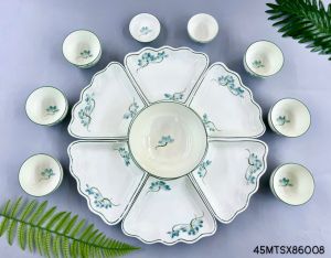 Bộ bát đĩa hoa mặt trời Bát Tràng họa tiết hoa sen xanh - Hàng vẽ tay - Bộ đồ ăn bộ bát đĩa thờ cúng gia tiên