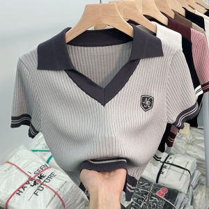 Fashion Short Pink Striped V-Neck Sweater Top Korean Retro Contrast Color T-Shirt 4080