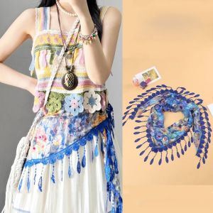 HOT การป้องกันแสงแดด ผ้าพันคอลูกไม้ถัก พร้อมพู่ห้อย สีสันสดใส พิมพ์ห่อ น่ารักน่ารักๆ สไตล์ชนบท ที่คาดผมดอกไม้สามเหลี่ยม สาวๆ