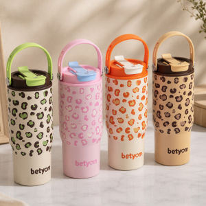 Leopard Print Insulated Tumbler 750ml Ceramic Coated Inner 304 Steel Cup Leakproof Dual Drink Lid Tea Strainer for Office - HoneyLion
