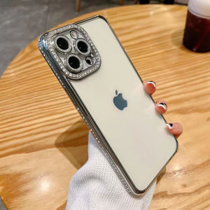 Berlian! Rhinestone Plating Side Transparent Soft Phone Case With Glitter Lens Films Protection For iPhone 16 15 14 Pro Max Plus 16e 13 12 11 Pro Max Fashion Diamond Phone Cover Clear Shockproof Phone Casing