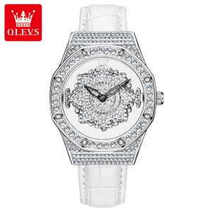 OLEVS berlian jam tangan wanita terbaru 2024 korea elegan simple Pola bunga matahari/kupu-kupu dapat diputar jam tangan cewek aesthetic tali kulit