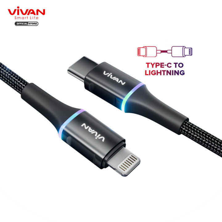 Vivan kabel type c to lightning type c to type c 3a led light quick