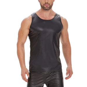 Plus Size Mens Shiny Leather Tank Top Soft Matte Leather T-Shirts Sleeveless Male High Elastic V-neck Shaping Vest【Sekexi-00245】