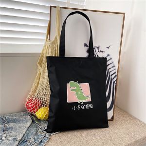 Women Black Shopping Bag Cartoon Print Girl Cat Heart Gothic Ladies Shoulder Handbags Reusable Grocery Shopper Tote Bags