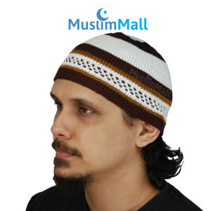 Peci Rajut Nilon Putih Motif 3 Strip Warna - TheKufi Soft Nylon Kopiah