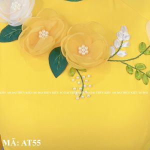 Áo dài thiết kế lụa mỹ AT55 nền vàng đính hoa cổ phối xanh may sẵn dự tiệc hội họp đám cưới Ảnh thật tự chụp sẵn hàng