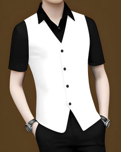 Áo sơ mi nam cộc tay phối màu 2 màu giả gile độc lạ thu hút mọi ánh nhìn - N96