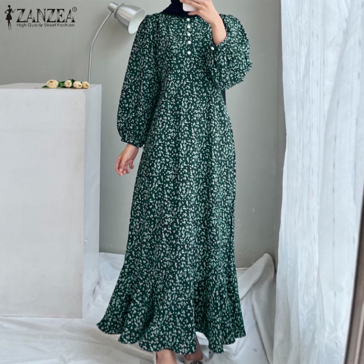HijabFab ZANZEA Muslimah Women Muslim Daily Casual Lantern Sleeves Mermaid  Dress Floral Maxi Dress | Lazada PH