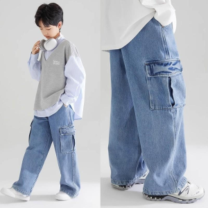 Childrens Loose Denim Boys Curved Knife Pants Korean Version Wide-leg Straight Sports Pants