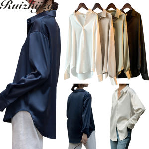 Ruizhijzg S-5XL Silk Satin Shirt Long Sleeve Women Blouse 2022 Solid Color Temperament Office Work Professional Loose Simple Plain Ladies Casual Business Elegant Button Down Top Plus Size Korean Style
