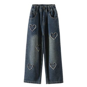 Rolanko Kids Girls Denim Wide-Leg Jeans Straight Hairy Heart Pants Baggy Elastic Waist Trousers Daily Casual Wear