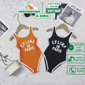 [Size Đại] Đồ Bơi Một Mảnh Liền Thân Màu Cam-Đen Viền Trắng Sành Điệu Cho Bé Gái 20-28kg
