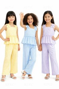 EE Chic Green Floral Embellished Peplum Top & Wide-Leg Pants Set for Girls