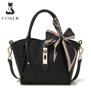 FOXER Women Split Leather Retro Bucket Handbag Fashion Ladies Solid Scarf Composite Totes Female Commuter Shoulder Crossbody Bag